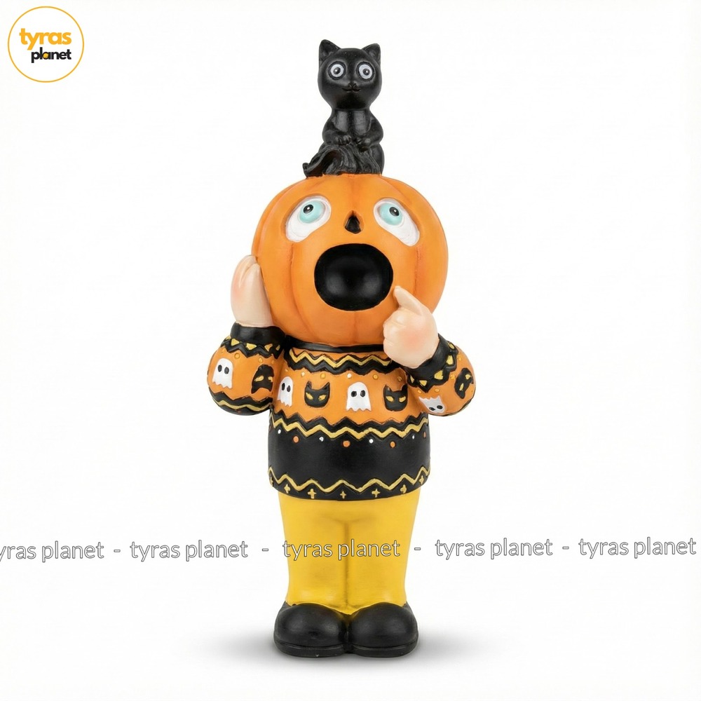 Candy Corn Lane Halloween Pumpkin Head Boy Figurine Fall Sweater Black Cat 12in
